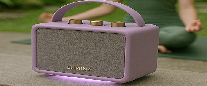 a picture of our Lavender Mist speaker with a girl doing yoga
