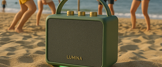 a picture of our Sage Green speaker at the beach